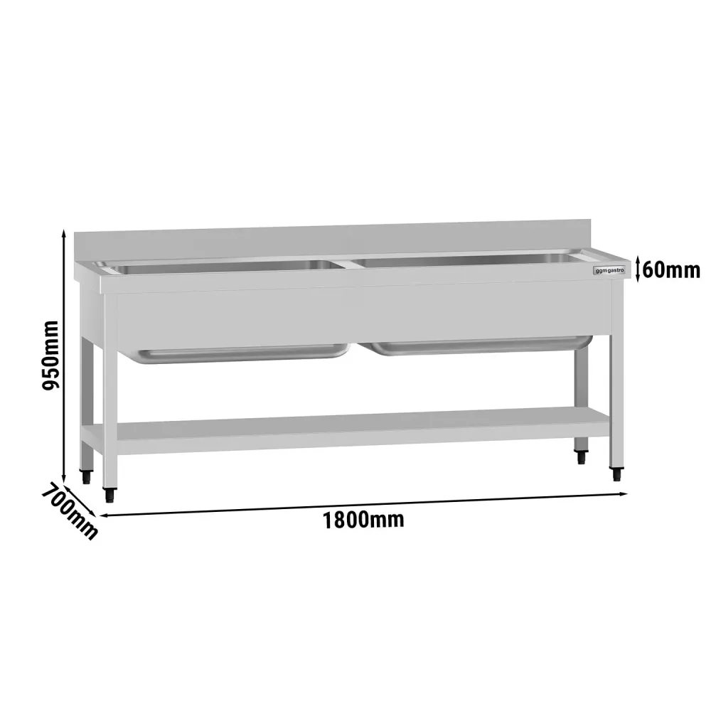 Мивка за тенджери от неръждаема стомана ECO - 1800x700mm - с долен рафт & 2 корита