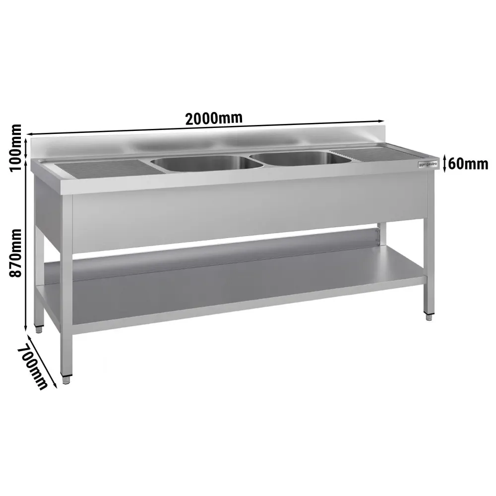 Професионална мивка от неръждаема стомана ECO - 2000x700mm - с долен рафт - с 2 корита централно