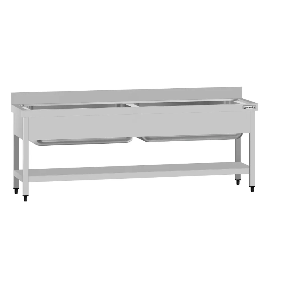 Мивка за тенджери от неръждаема стомана ECO - 2000x700mm - с долен рафт & 2 корита