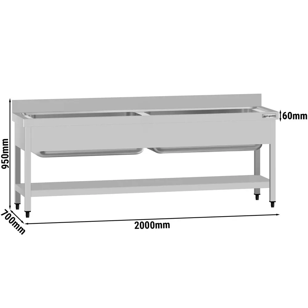 Мивка за тенджери от неръждаема стомана ECO - 2000x700mm - с долен рафт & 2 корита
