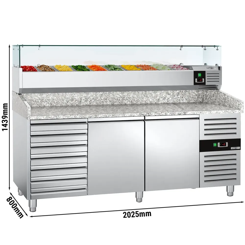 Хладилна маса за пица ECO - 2025x800mm - с гранитен плот - с 2 врати и 7 чекмеджета - с охлаждаща надстройка - 9x GN 1/3