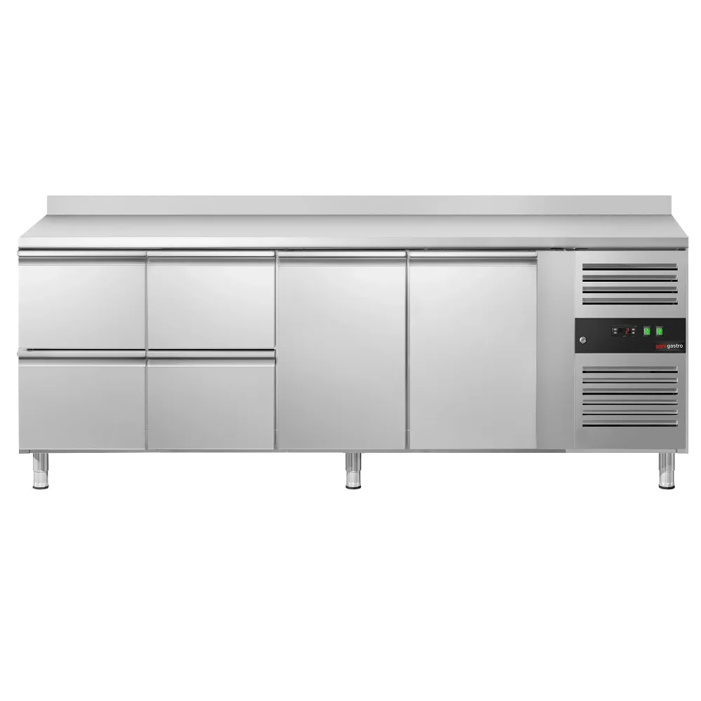 Професионална хладилна маса ECO - 2230x700mm - с 2 врати - 4 чекмеджета - с гръб 100мм - GN 1/1