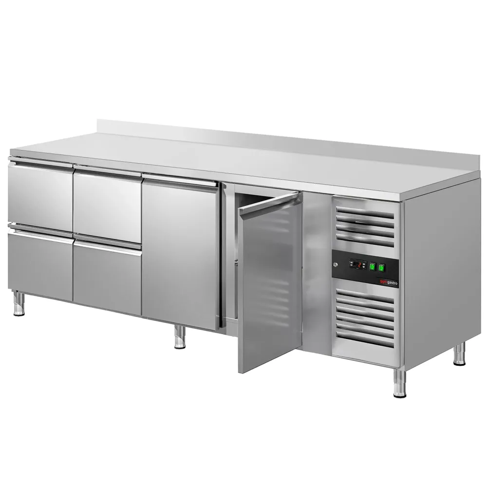 Професионална хладилна маса ECO - 2230x700mm - с 2 врати - 4 чекмеджета - с гръб 100мм - GN 1/1