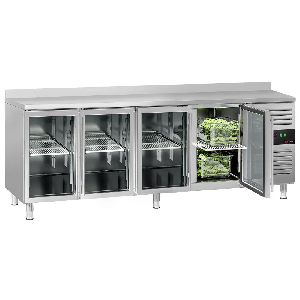 Професионална хладилна маса ECO - 2230x700mm - с 4 стъклени врати - GN 1/1 - с гръб 100мм - вграден агрегат