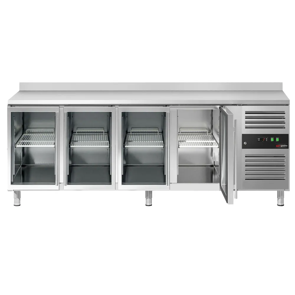 Професионална хладилна маса ECO - 2230x700mm - с 4 стъклени врати - GN 1/1 - с гръб 100мм - вграден агрегат