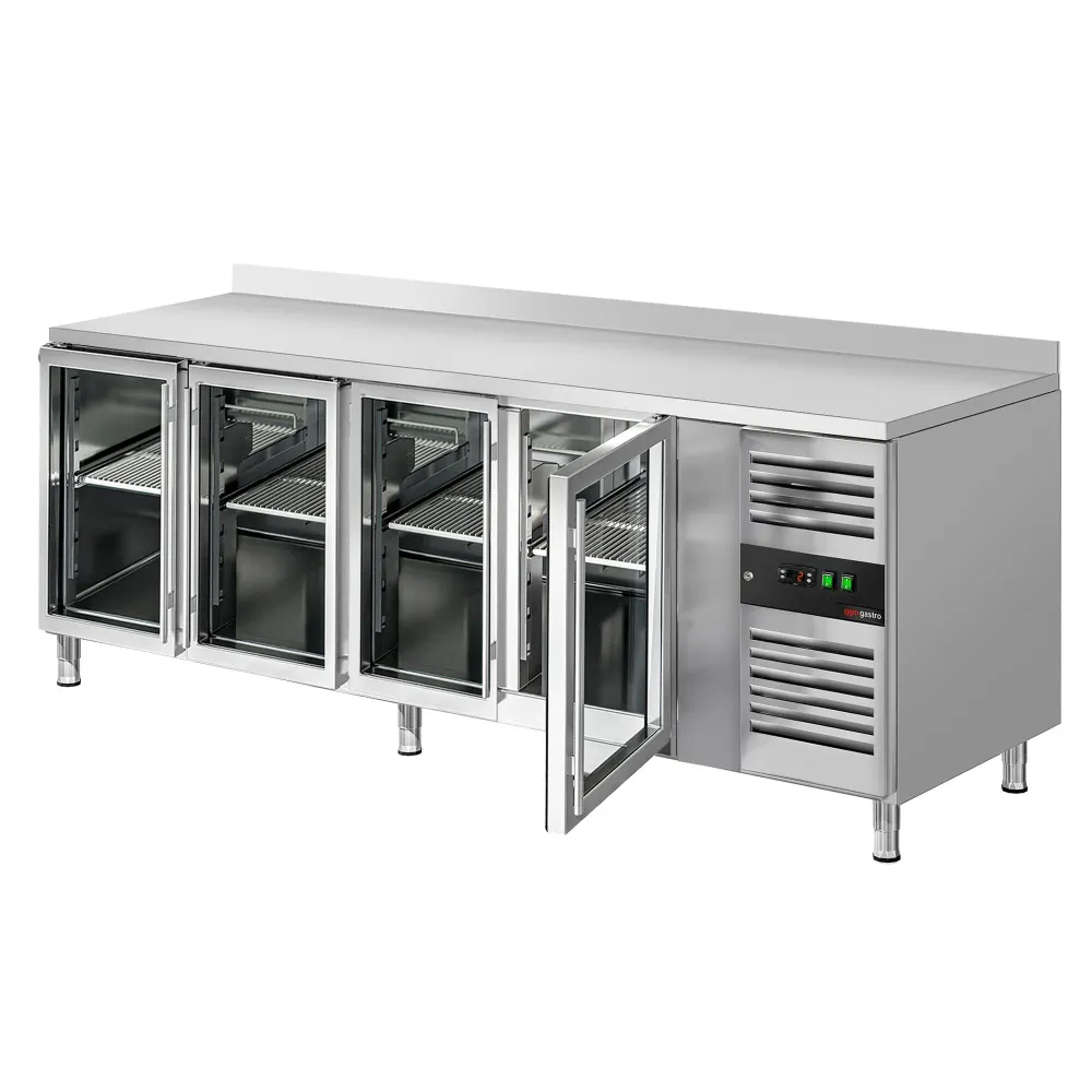 Професионална хладилна маса ECO - 2230x700mm - с 4 стъклени врати - GN 1/1 - с гръб 100мм - вграден агрегат