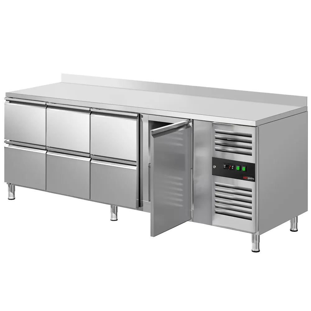 Професионална хладилна маса ECO - 2230x700mm - с 1 врата - 6 чекмеджета - GN 1/1 - с гръб 100мм