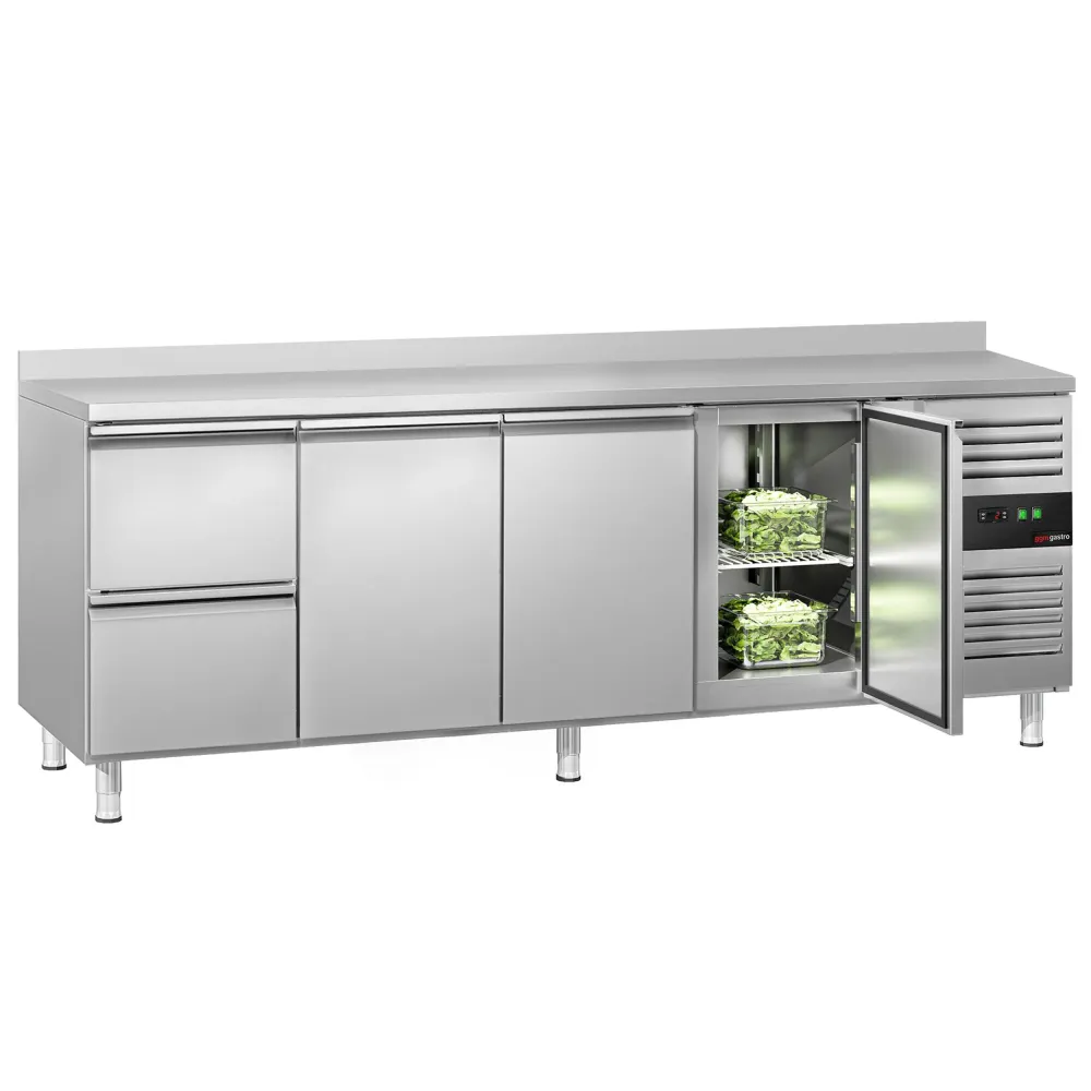 Професионална хладилна маса ECO - 2230x700mm - с 3 врати - 2 чекмеджета - с гръб 100мм - GN 1/1