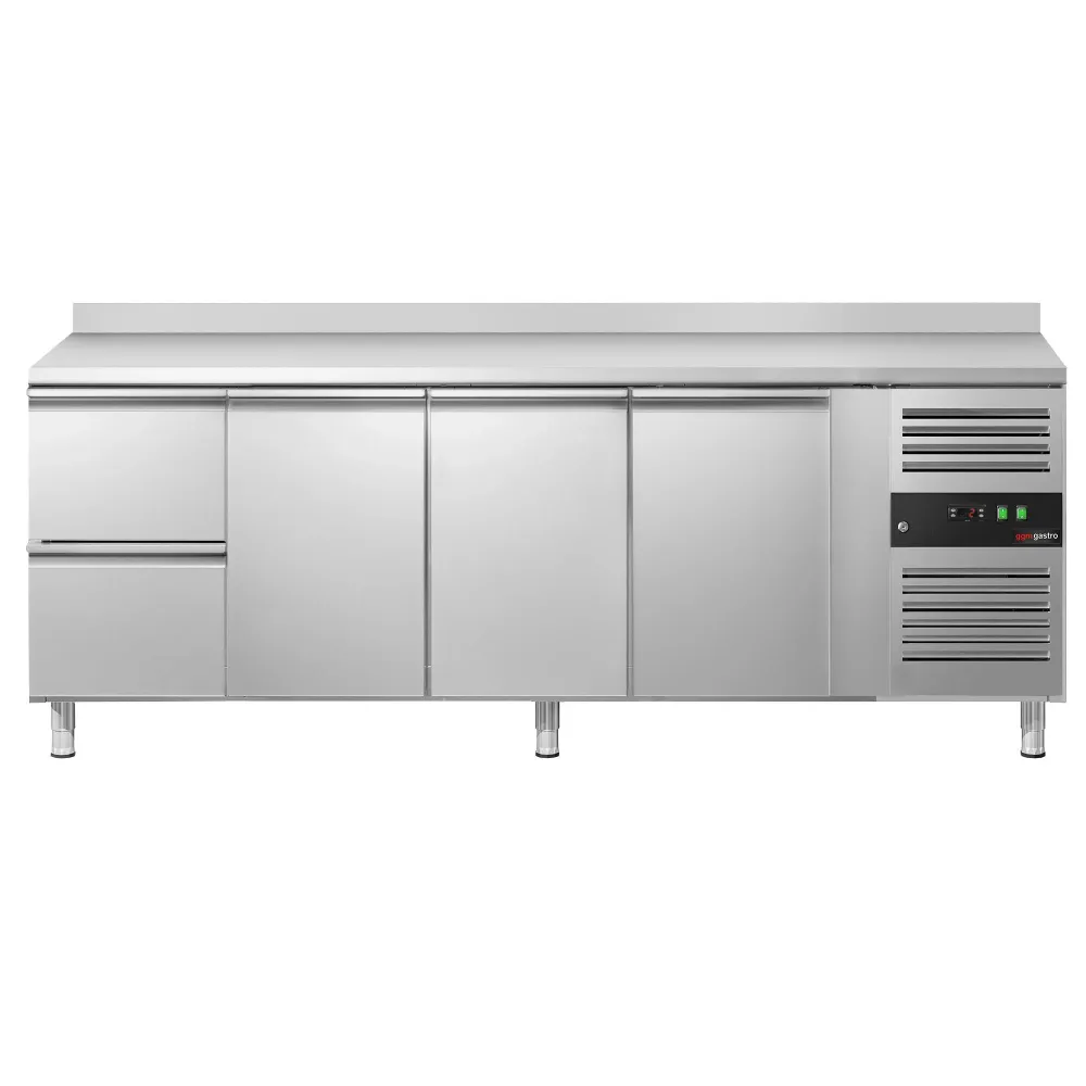 Професионална хладилна маса ECO - 2230x700mm - с 3 врати - 2 чекмеджета - с гръб 100мм - GN 1/1
