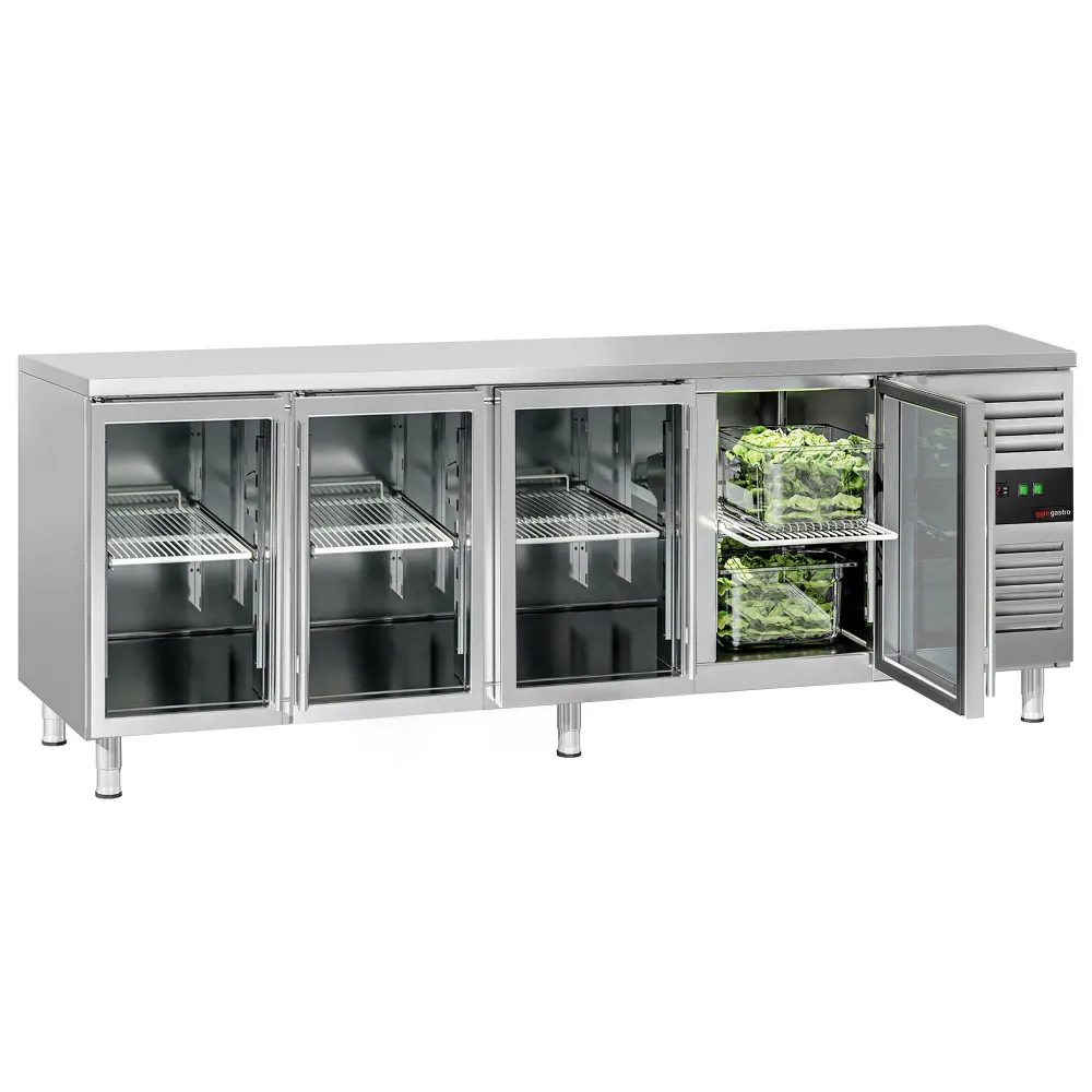 Професионална хладилна маса ECO - 2230x700mm - с 4 стъклени врати - GN 1/1 - вентилирано охлаждане - автоматично обезскреж...
