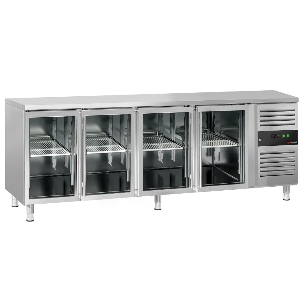 Професионална хладилна маса ECO - 2230x700mm - с 4 стъклени врати - GN 1/1 - вентилирано охлаждане - автоматично обезскреж...