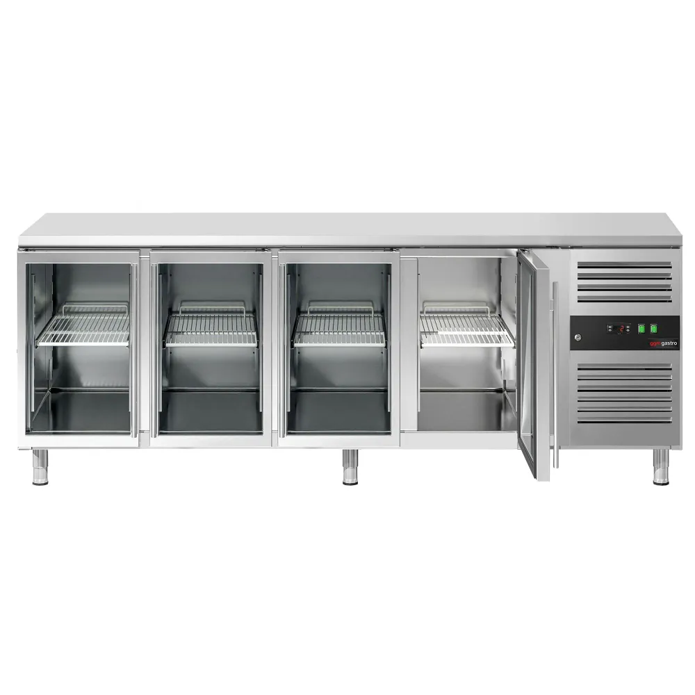 Професионална хладилна маса ECO - 2230x700mm - с 4 стъклени врати - GN 1/1 - вентилирано охлаждане - автоматично обезскреж...