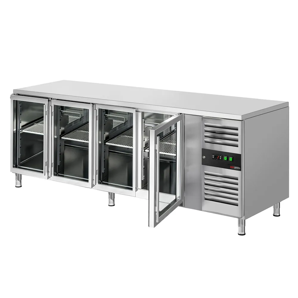 Професионална хладилна маса ECO - 2230x700mm - с 4 стъклени врати - GN 1/1 - вентилирано охлаждане - автоматично обезскреж...
