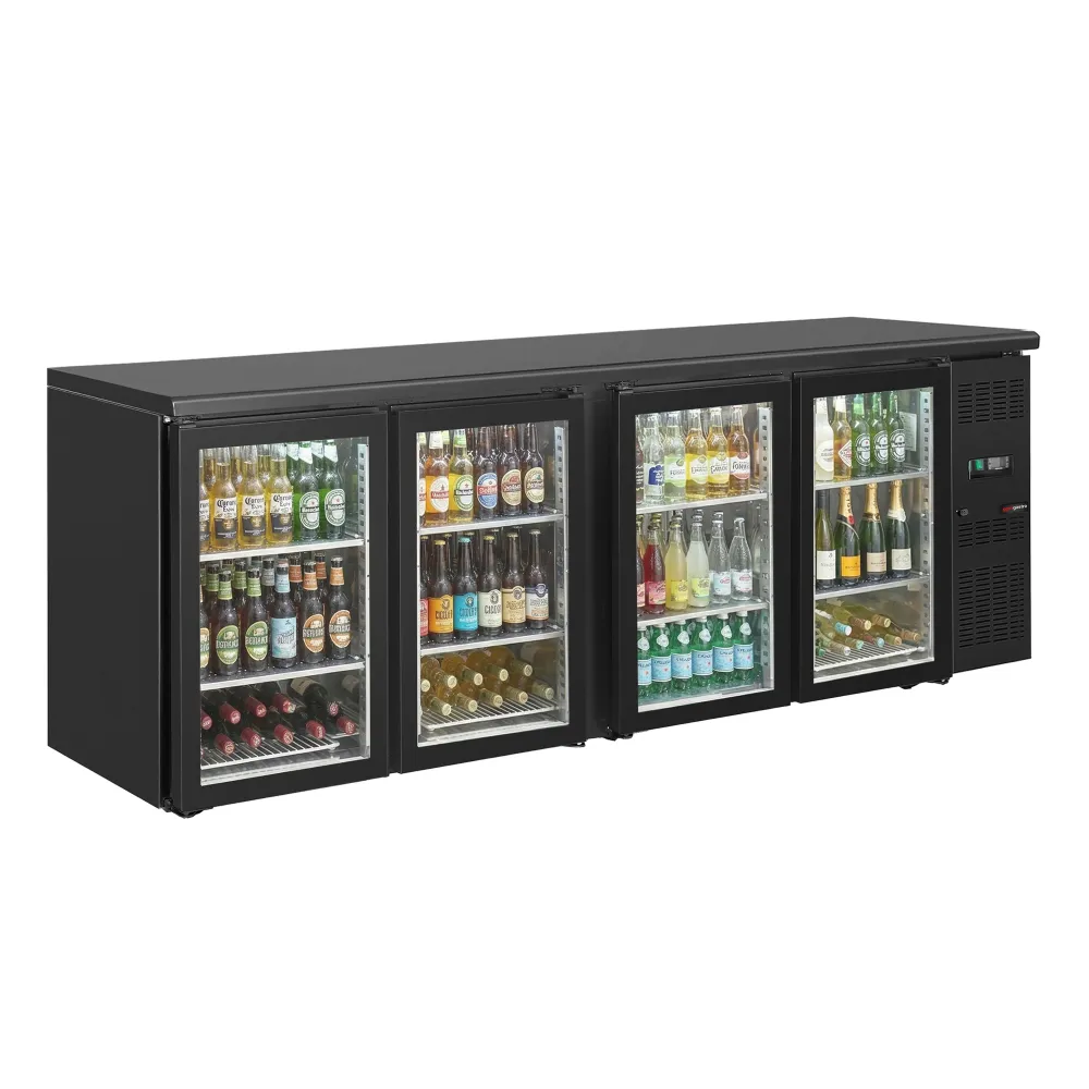 Барова хладилна маса ECO - 2542x513mm - 518 л - с 4 стъклени врати, дигитален термостат, вентилаторна циркулация - черно