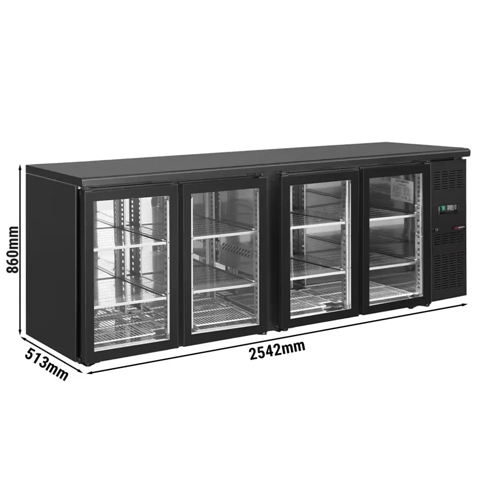 Барова хладилна маса ECO - 2542x513mm - 518 л - с 4 стъклени врати, дигитален термостат, вентилаторна циркулация - черно