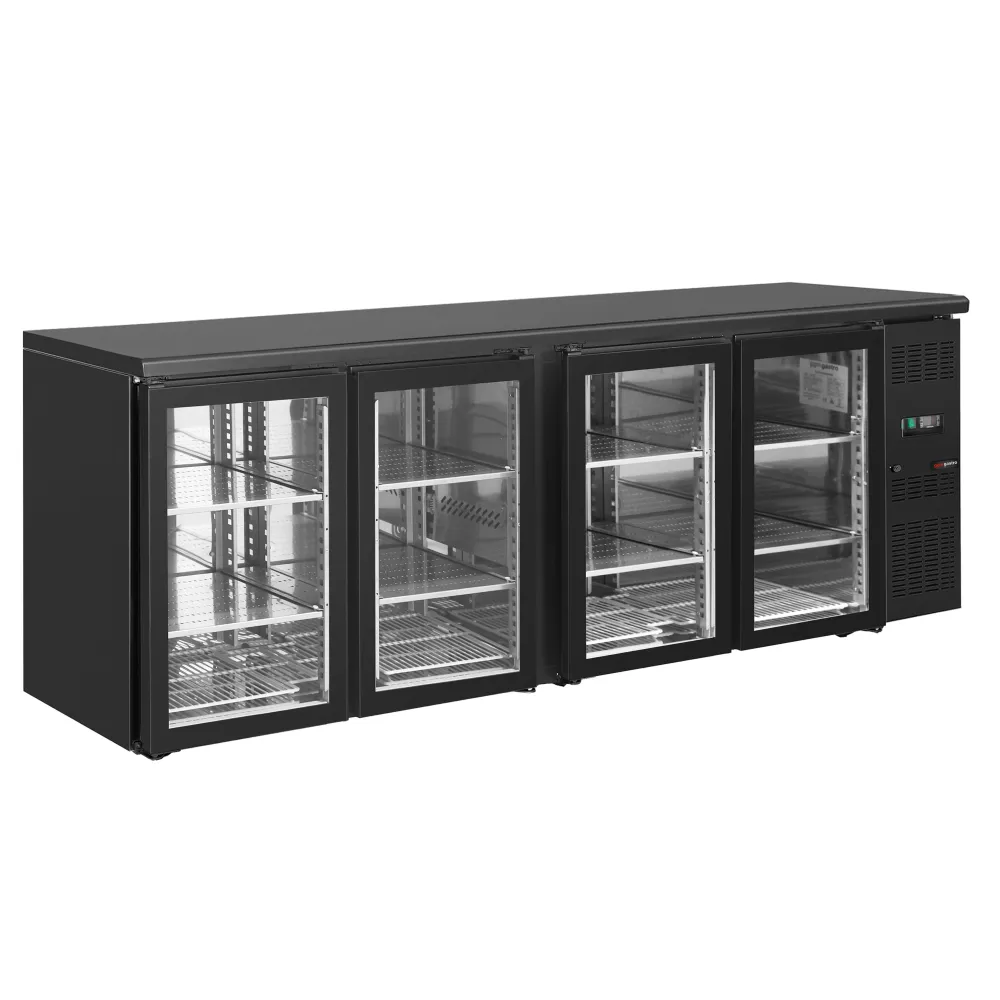 Барова хладилна маса ECO - 2542x513mm - 518 л - с 4 стъклени врати, дигитален термостат, вентилаторна циркулация - черно