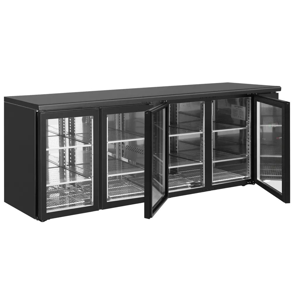 Барова хладилна маса ECO - 2542x513mm - 518 л - с 4 стъклени врати, дигитален термостат, вентилаторна циркулация - черно