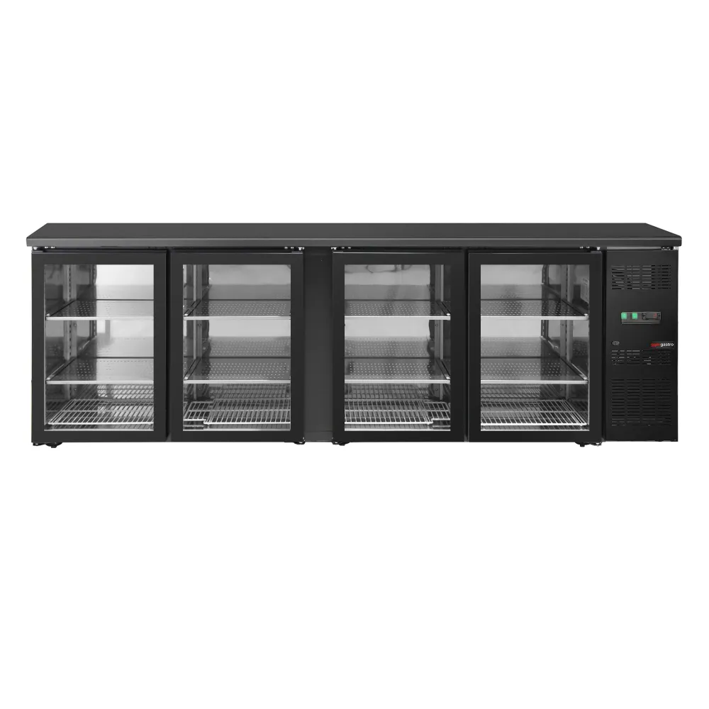 Барова хладилна маса ECO - 2542x513mm - 518 л - с 4 стъклени врати, дигитален термостат, вентилаторна циркулация - черно