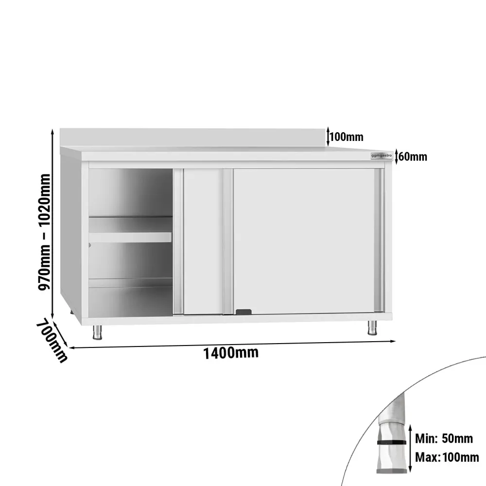 Професионален Работен шкаф от неръждаема стомана ECO Flex - 1400x700mm - с плъзгащи се врати & Борд