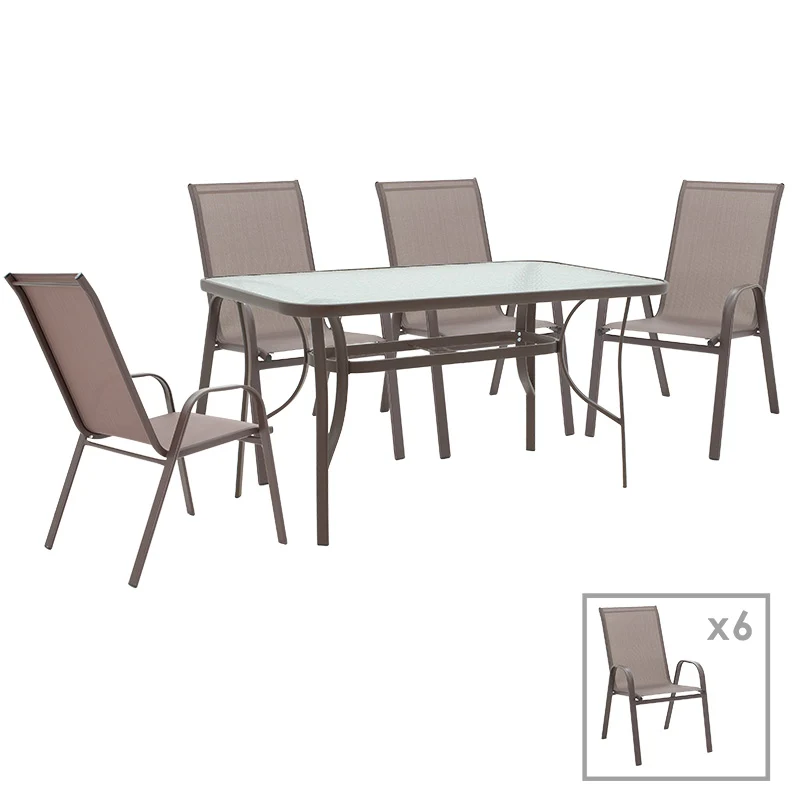 Трапезен комплект 7бр Ensure-Calan метал-стъкло кафяв 140x80x70см