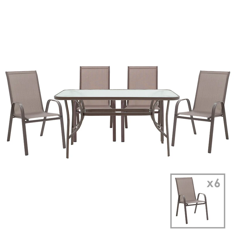 Трапезен комплект 7бр Ensure-Calan метал-стъкло кафяв 140x80x70см