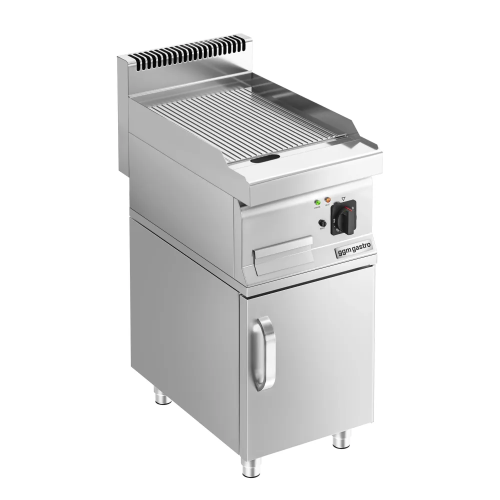 Професионална Електрическа плоча за печене (fry-top) - 3.6kW - Оребрена - Площ за готвене: 395x535mm - основа‑шкаф с 1 врата