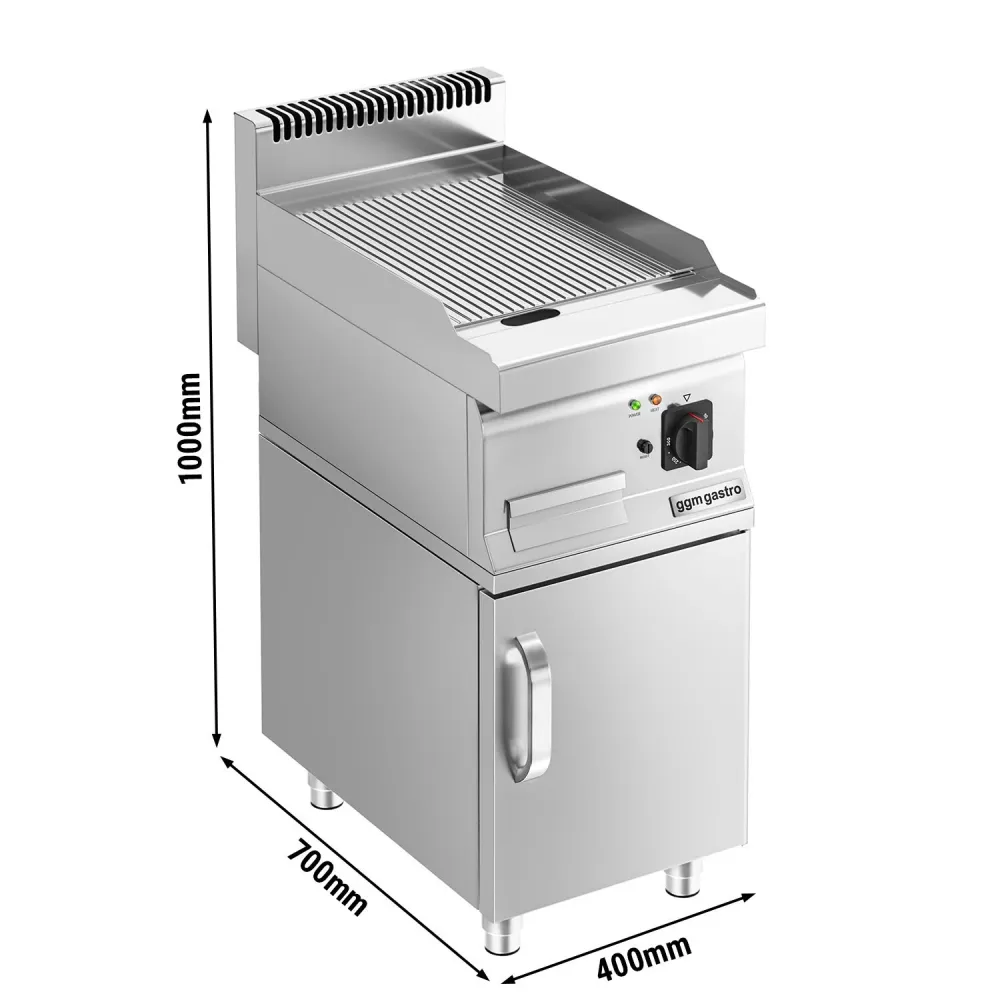 Професионална Електрическа плоча за печене (fry-top) - 3.6kW - Оребрена - Площ за готвене: 395x535mm - основа‑шкаф с 1 врата