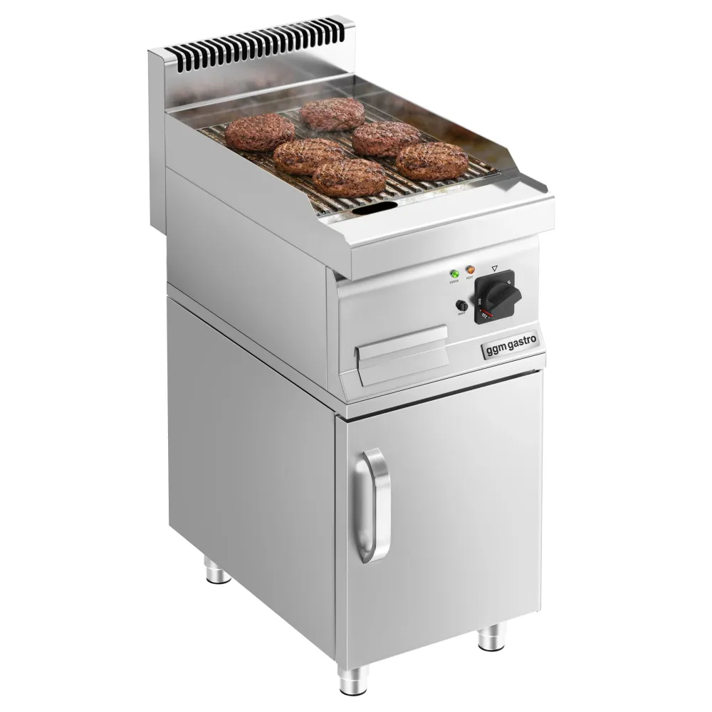 Професионална Електрическа плоча за печене (fry-top) - 4.5kW - Оребрена - Площ за готвене: 400x600mm - основа‑шкаф с 1 врата
