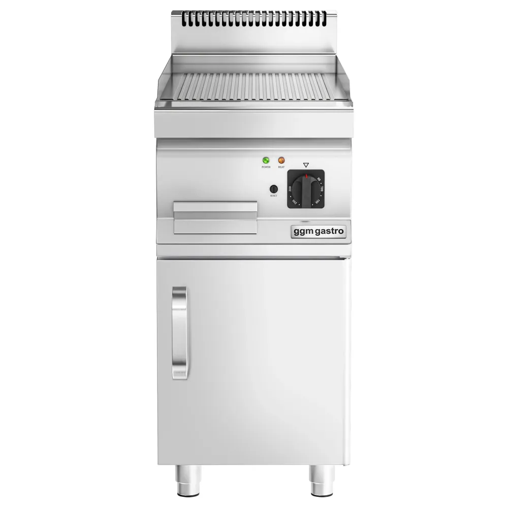 Професионална Електрическа плоча за печене (fry-top) - 4.5kW - Оребрена - Площ за готвене: 400x600mm - основа‑шкаф с 1 врата