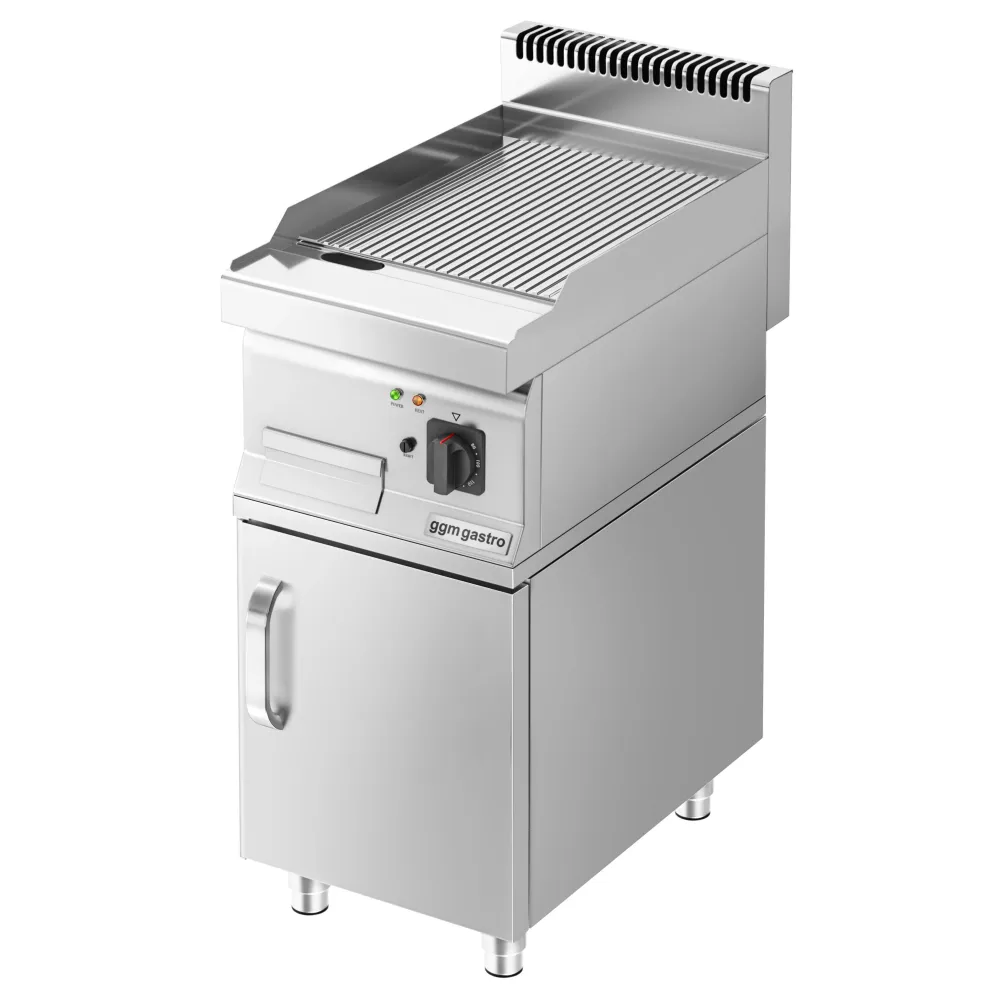 Професионална Електрическа плоча за печене (fry-top) - 4.5kW - Оребрена - Площ за готвене: 400x600mm - основа‑шкаф с 1 врата