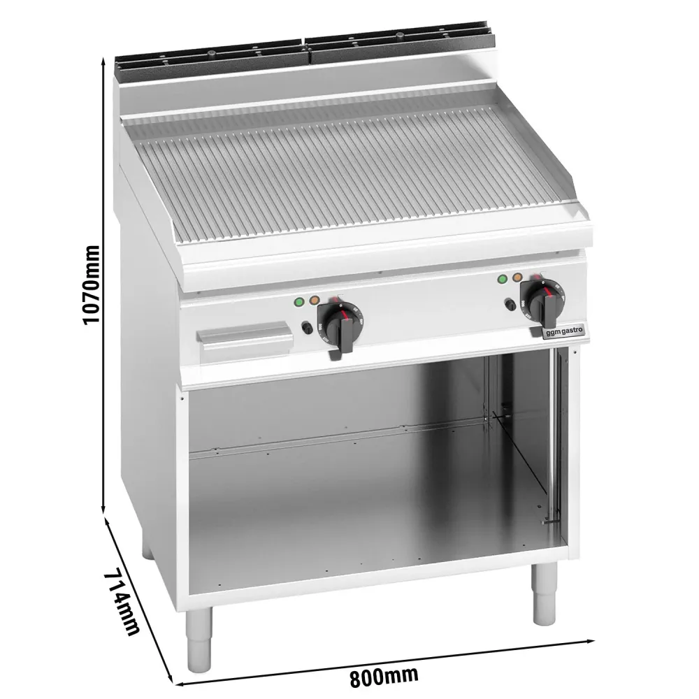 Професионална Електрическа плоча за печене (fry-top) - 9.6kW - Оребрена - Площ за готвене: 795x500mm - със стойка
