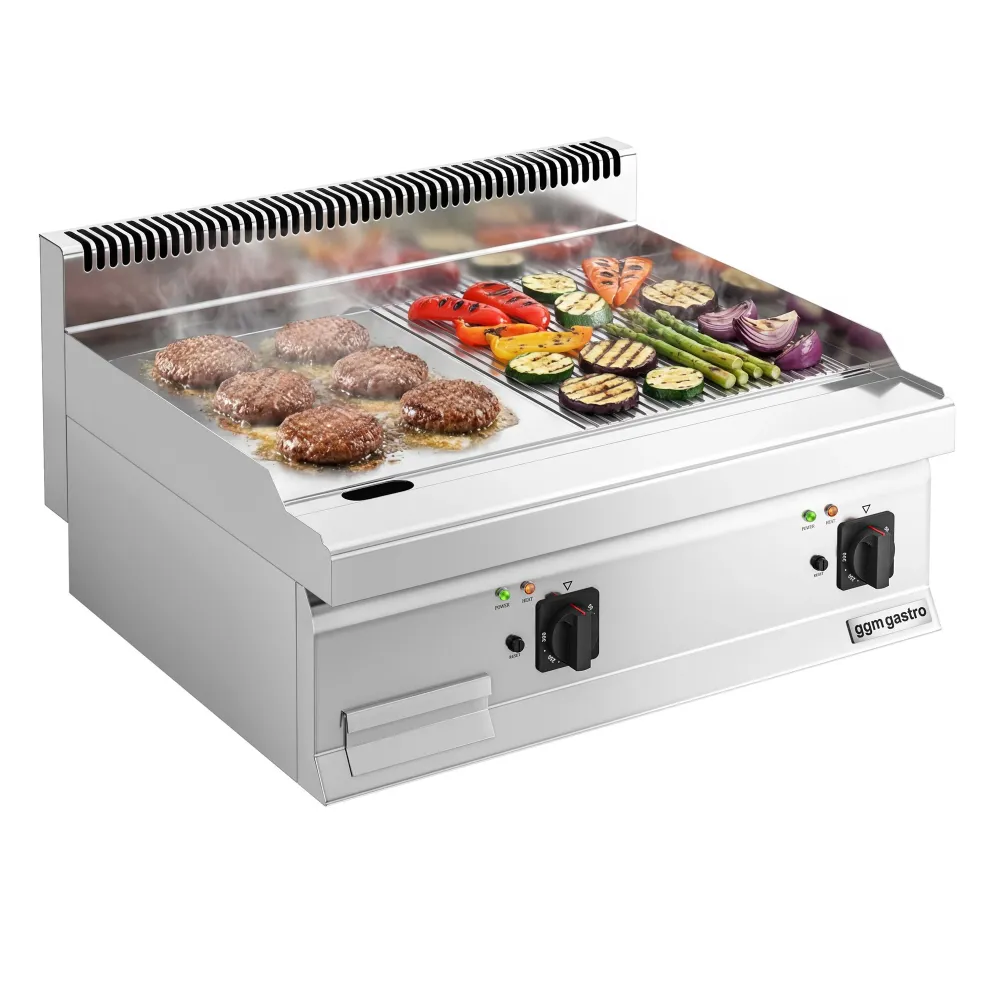 Професионална Електрическа плоча за печене (fry-top) - 9kW - Комбинирана (гладка/оребрена) - Площ за готвене: 595x500mm