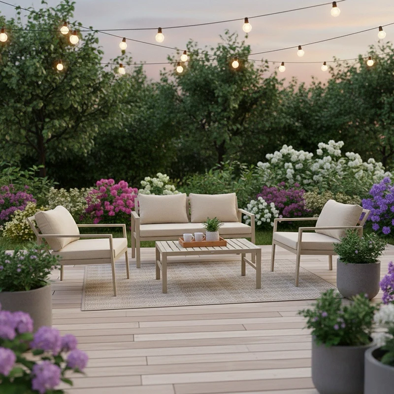 Комплект за отдих Gardenly 4 части, алуминий, цвят капучино, с бежови възглавници