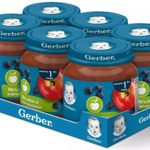 Gerber плодово пюре ябълки и боровинки, 6 х 125 гр