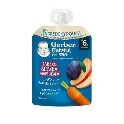 Gerber Natural baby Пюре от ябълка, слива и морков, от 6-ия месец, 80g, пауч
