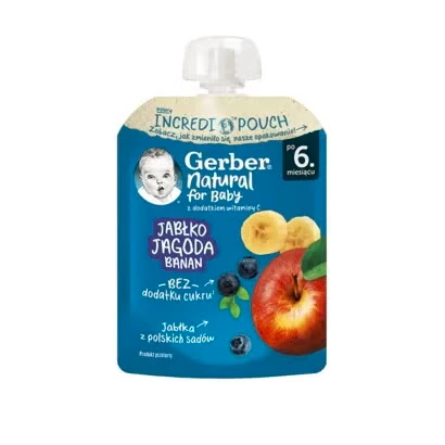 Gerber Natural baby Пюре от ябълка, боровинка и банан, от 6-ия месец, 80g, пауч