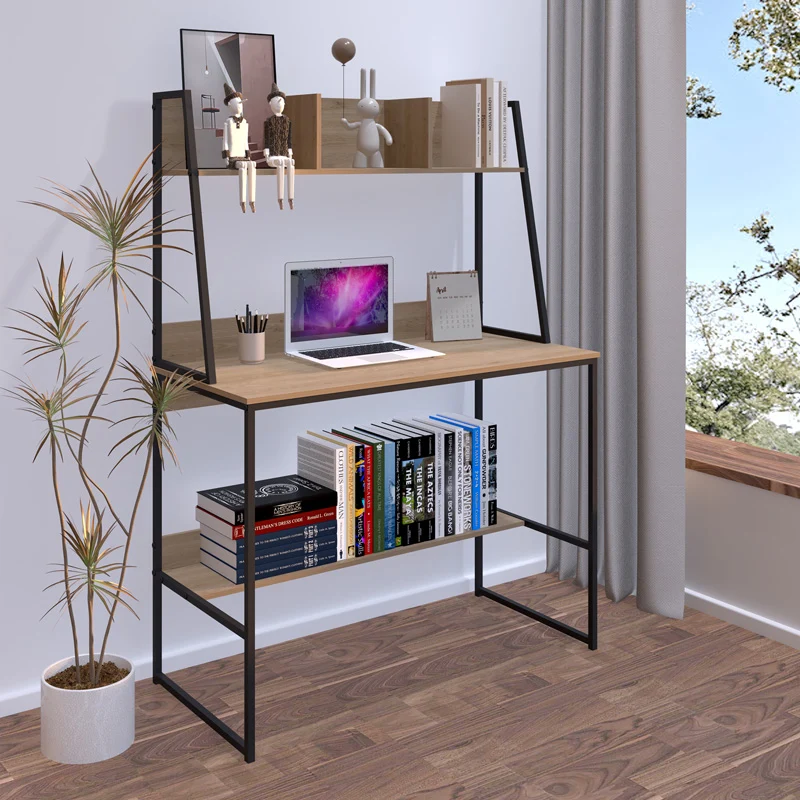 Офис бюро с рафт Herbey в цвят дъб с черен метален крак 100x48x139см