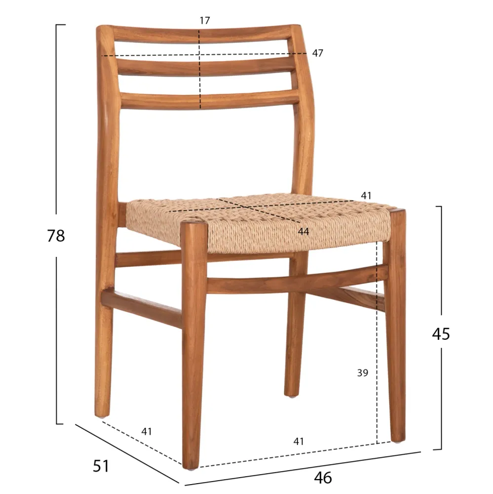 Трапезен стол HERRIN от тиково дърво с въжета, viro 46x51x78см