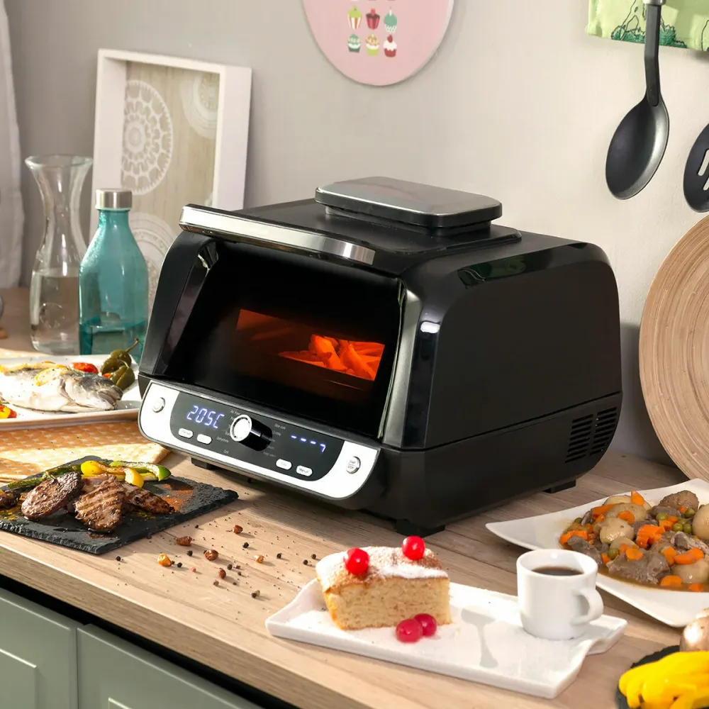 въздушен фритюрник с грил, аксесоари и книга с рецепти InnovaGoods Fryinn 12--1 6000 Черен Стомана 3400 W 6 L