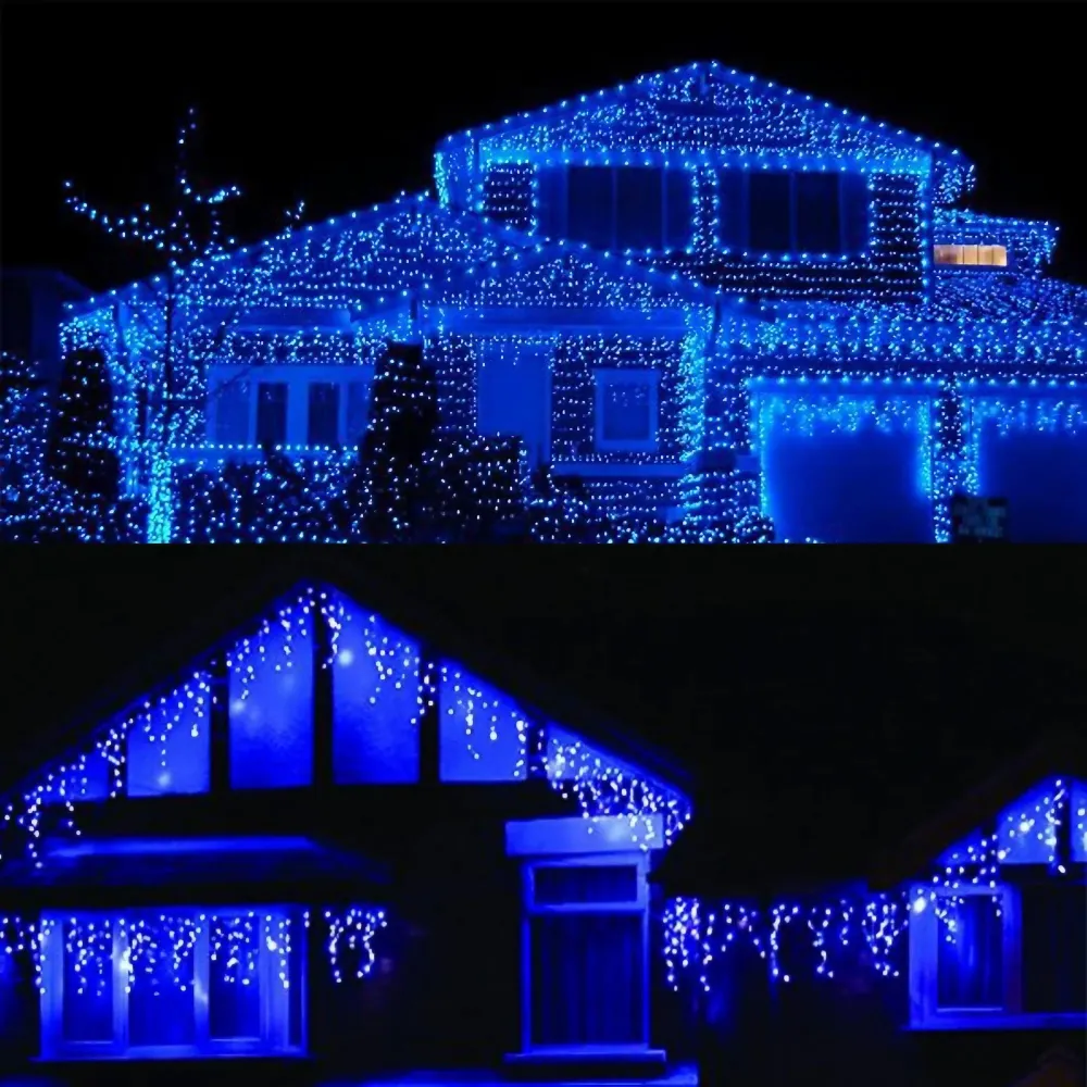 Instalatie Solara Craciun Turturi, IP44, 5 m, 143 Led-uri, Perdea Franjurata, albastru, 8 jocuri de lumini, cu Telecomanda...