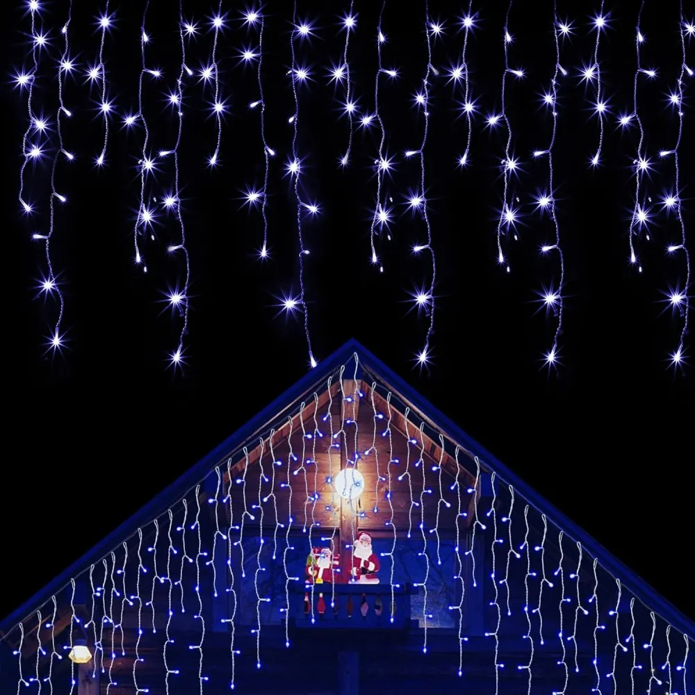 Instalatie Solara Craciun Turturi, IP44, 5 m, 143 Led-uri, Perdea Franjurata, Albastru, 8 jocuri de lumini, cu Telecomanda...