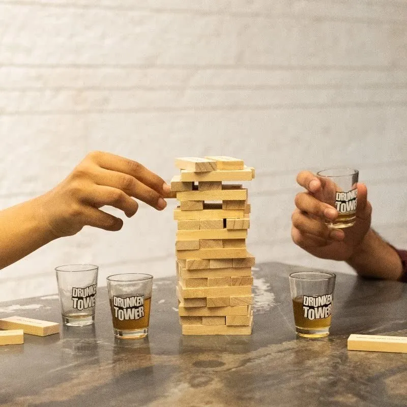 Дървена кула за пиене Jenga, пияница, елементи за предизвикателство, стъклени чаши за шотове включени