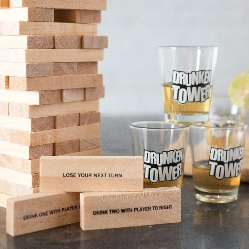 Дървена кула за пиене Jenga, пияница, елементи за предизвикателство, стъклени чаши за шотове включени