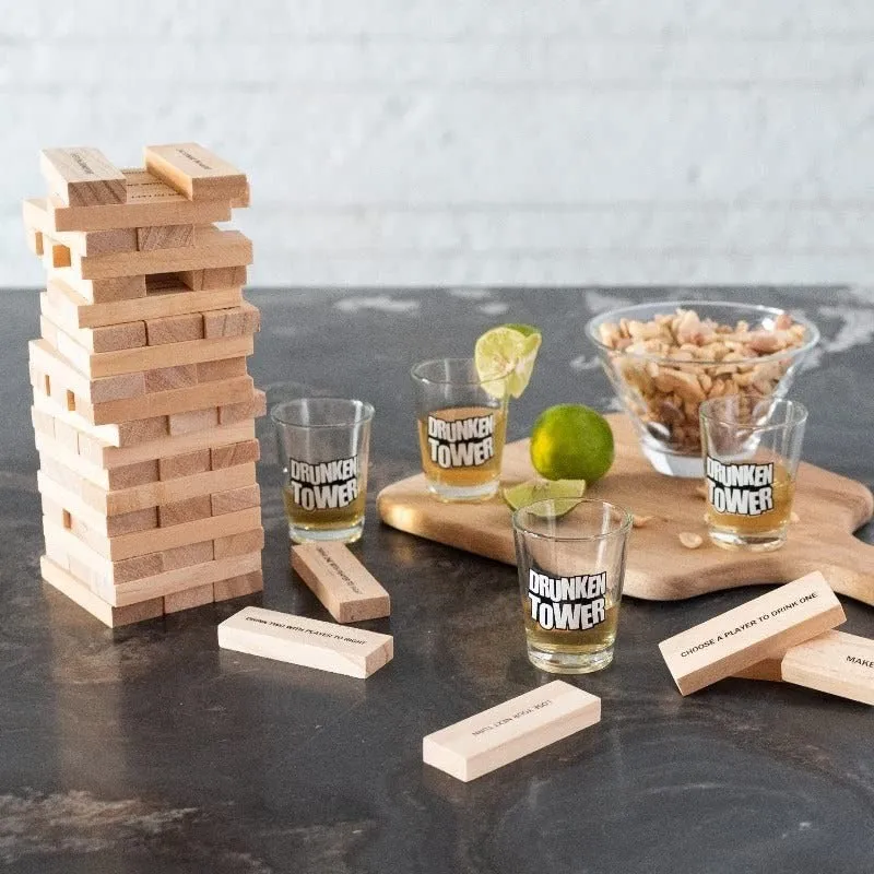 Дървена кула за пиене Jenga, пияница, елементи за предизвикателство, стъклени чаши за шотове включени