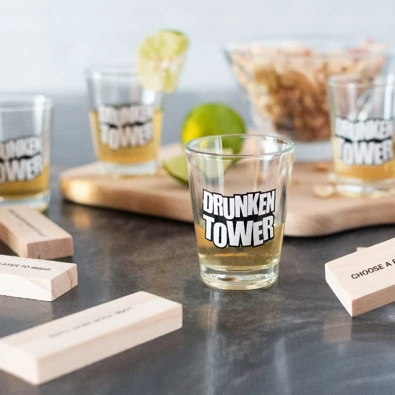 Дървена кула за пиене Jenga, пияница, елементи за предизвикателство, стъклени чаши за шотове включени
