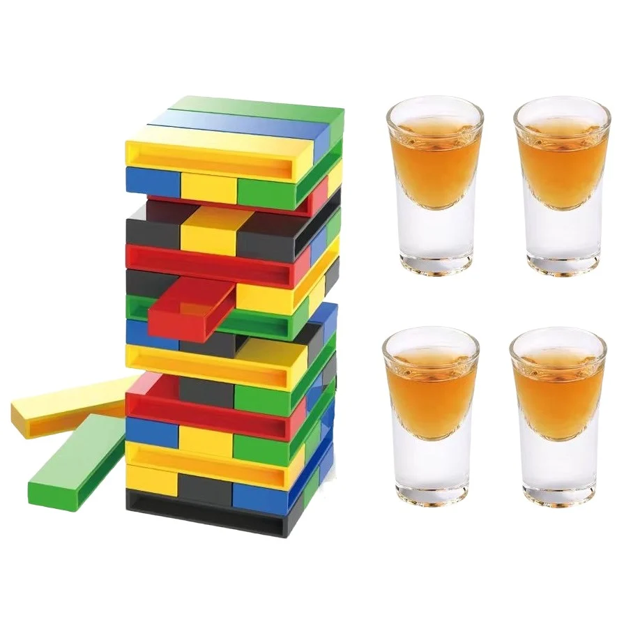 Пластмасова кула за пиене Jenga, с 4 чаши за шотове, +18 години