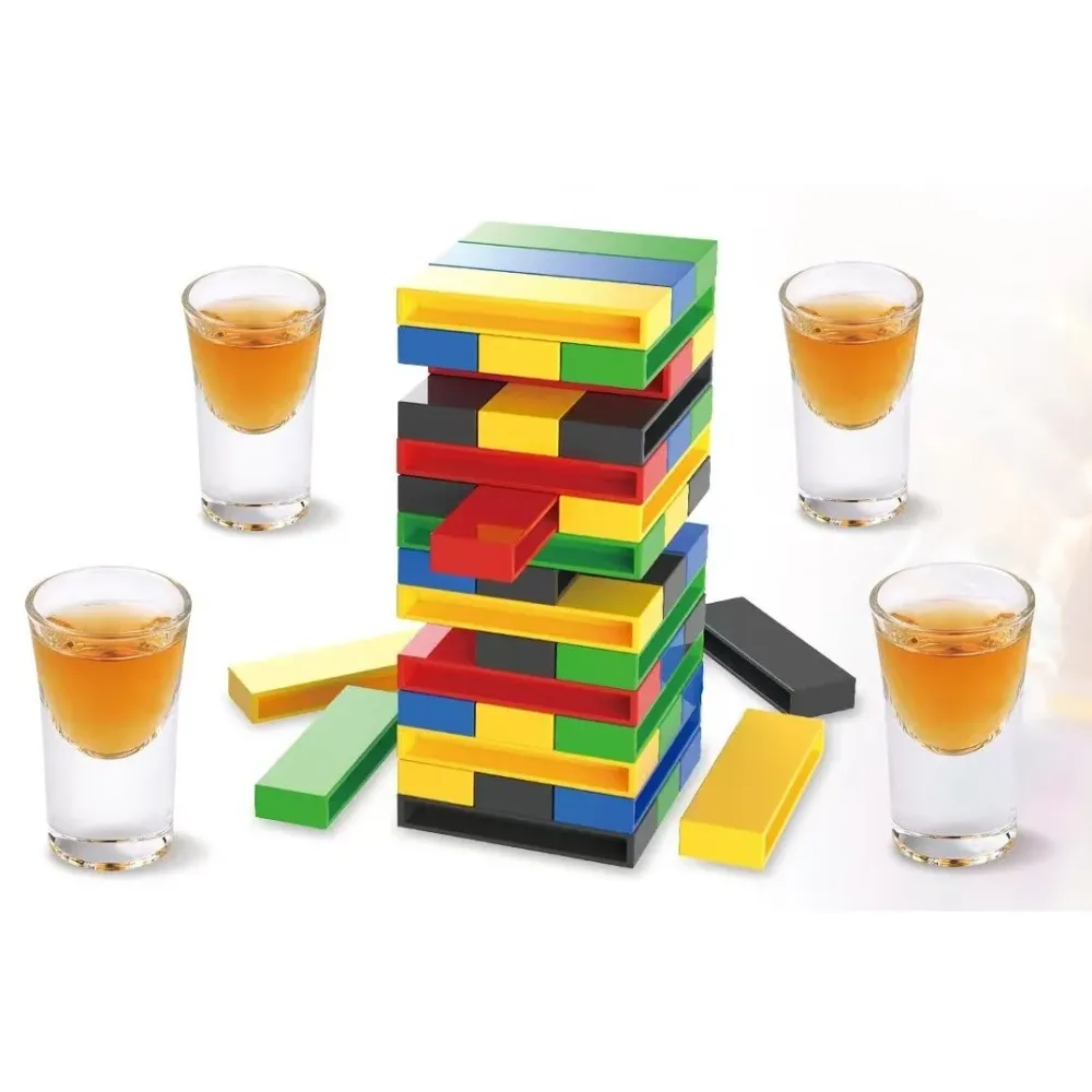 Пластмасова кула за пиене Jenga, с 4 чаши за шотове, +18 години