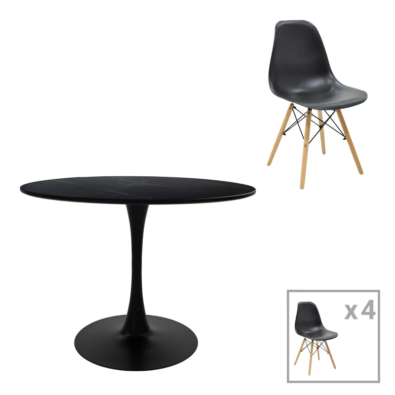 Комплект трапезна маса Julita-Balou от 5 mdf-pp в черно-натурален цвят d120x73см