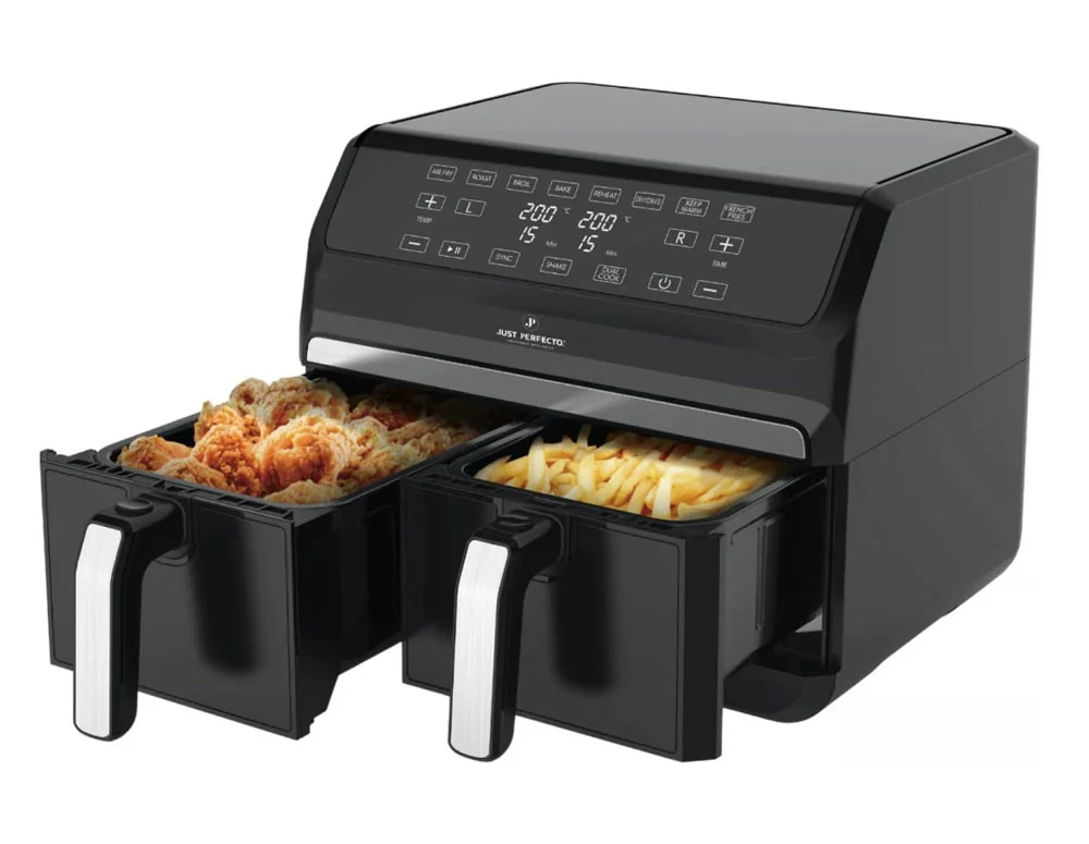 Фритюрник с горещ въздух JUST PERFECTO JP 1980 JL09 , 1700W, 8 литра, 8 програми, Две кошници, Плоча за грил, Черен
