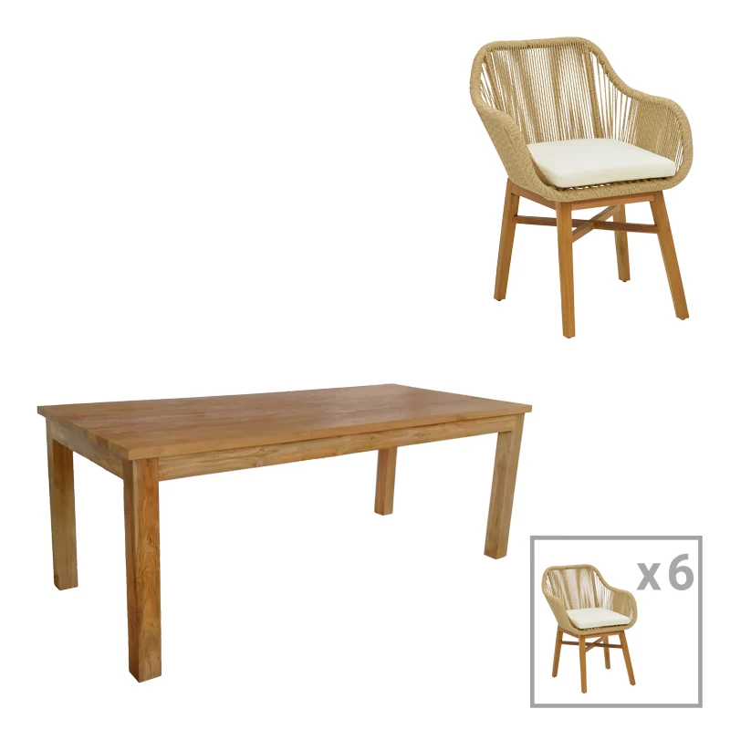 Трапезен комплект Kalie-Wooly 7 бр в естествено-бежов нюанс с маса 220x90x75см